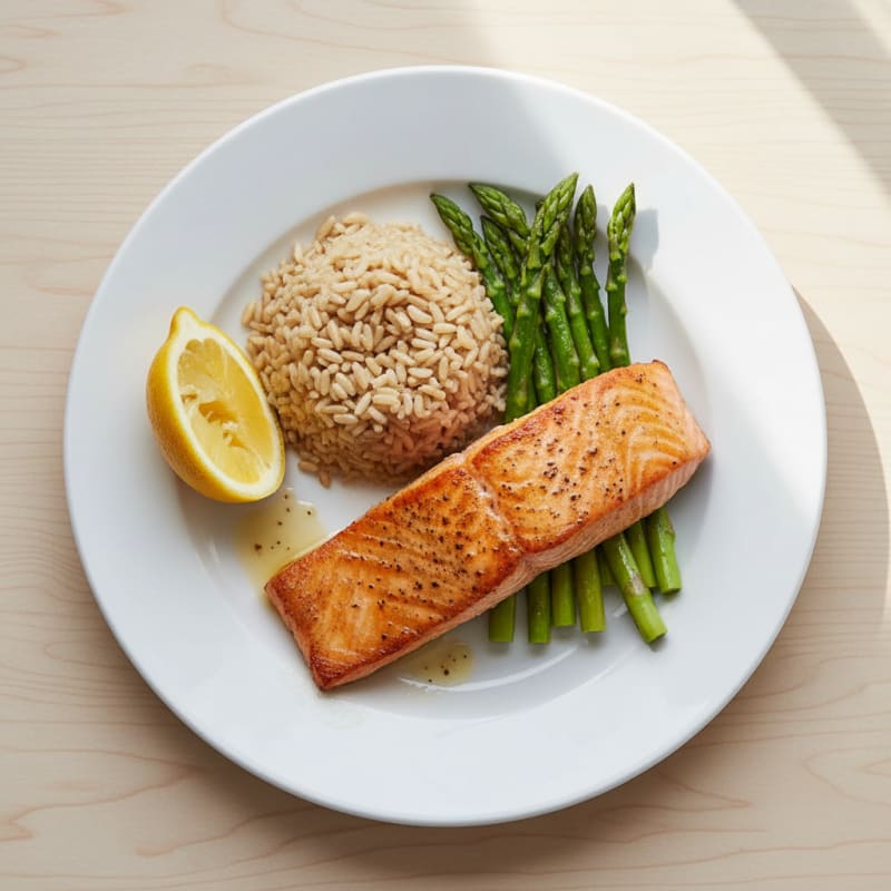 Seared Salmon Fillet with Steamed Asparagus and Brown Rice