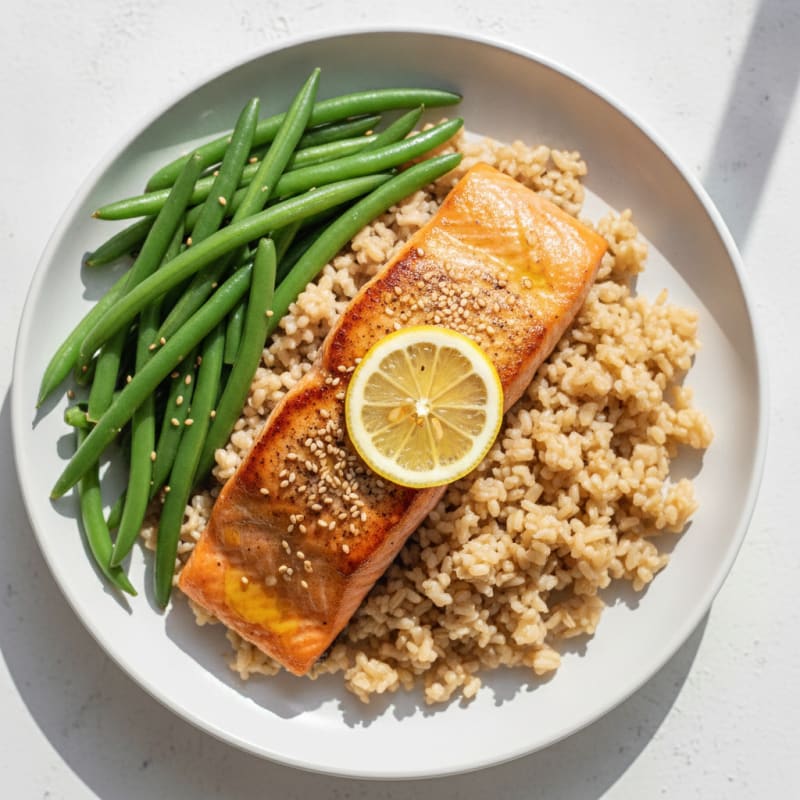 Seared Salmon with Steamed Green Beans and Brown Rice
