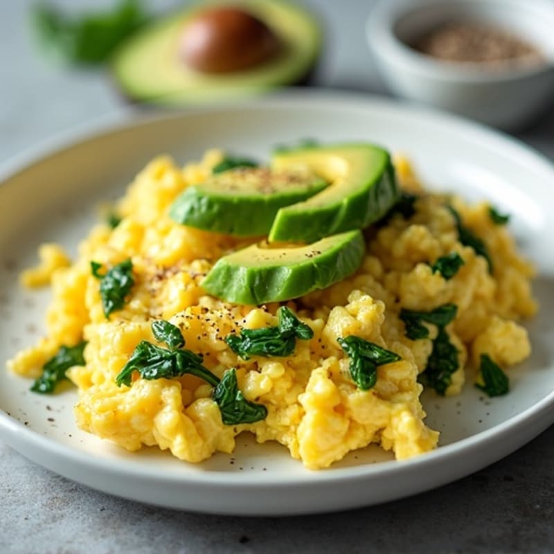 Fluffy Scrambled Eggs with Fresh Spinach and Creamy Avocado