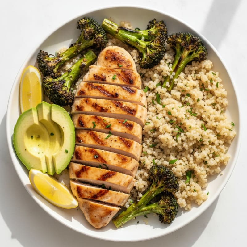 Grilled Chicken and Quinoa Bowl with Roasted Broccoli