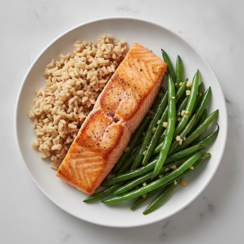 Seared Salmon with Garlic Green Beans and Brown Rice