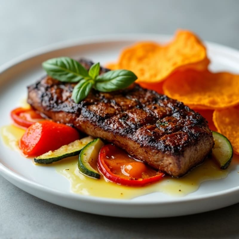 Seared Steak with Roasted Veggies and Sweet Potato Chips