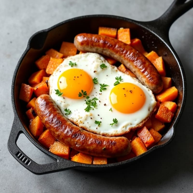 Savory Breakfast Skillet with Crispy Sweet Potatoes, Lean Turkey Sausage, and Sunny-Side Up Eggs