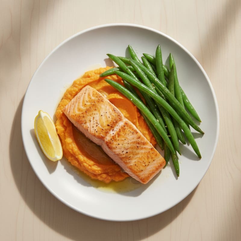 Seared Salmon with Steamed Green Beans and Sweet Potato Mash