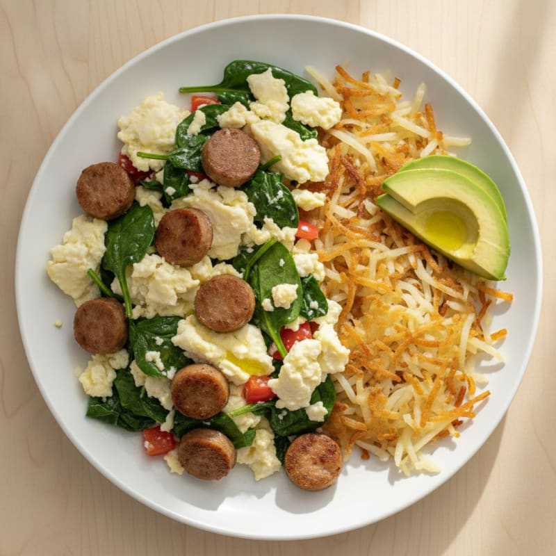 Egg White and Turkey Sausage Scramble with Crispy Hashbrowns and Spinach