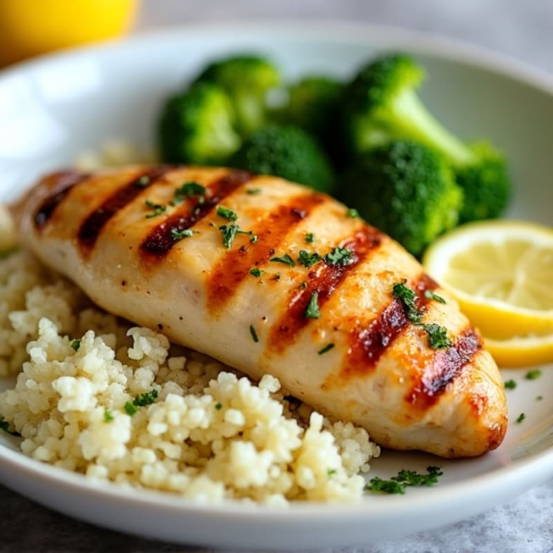 Grilled Lemon Chicken Breast with Steamed Broccoli and Cauliflower Rice