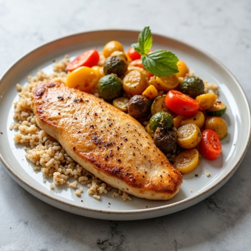 Pan-Seared Chicken with Brown Rice and Crispy Roasted Vegetables