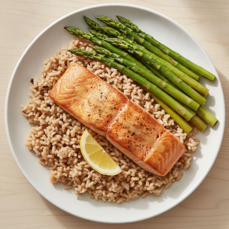 Seared Salmon Fillet with Steamed Asparagus and Brown Rice