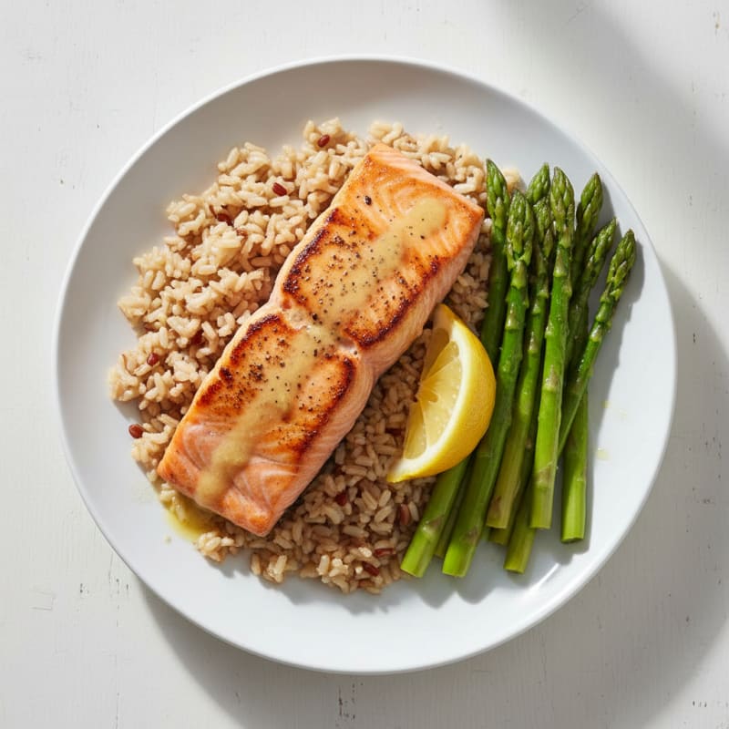 Seared Salmon with Steamed Asparagus and Brown Rice