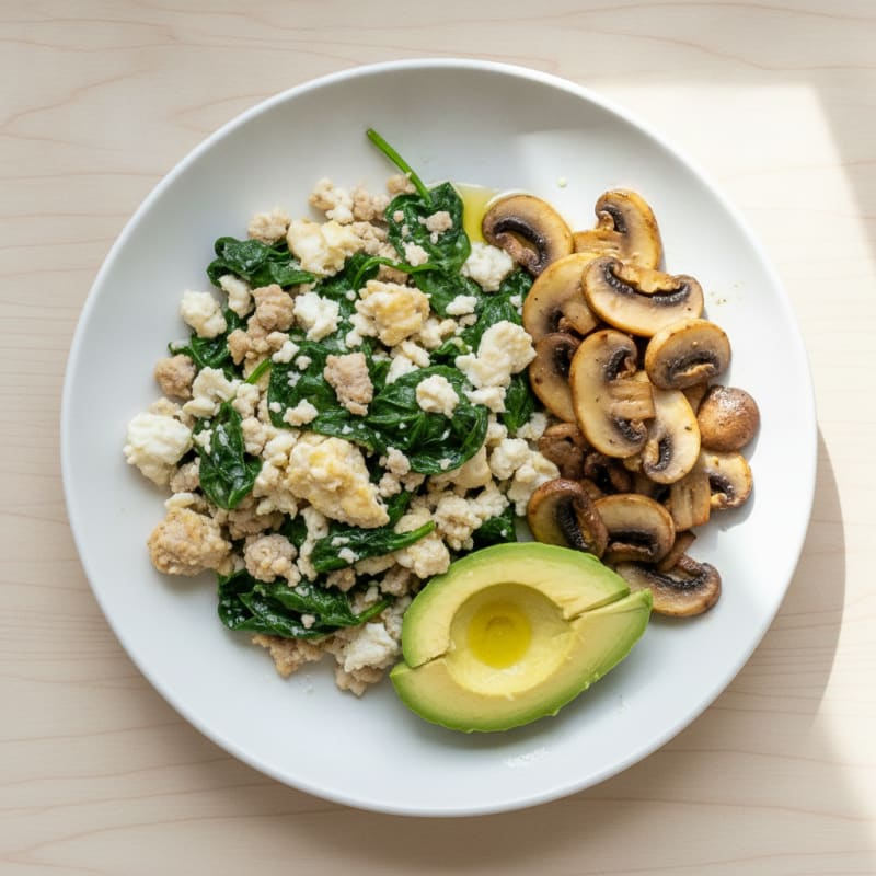 Egg White and Turkey Spinach Scramble with Sautéed Mushrooms