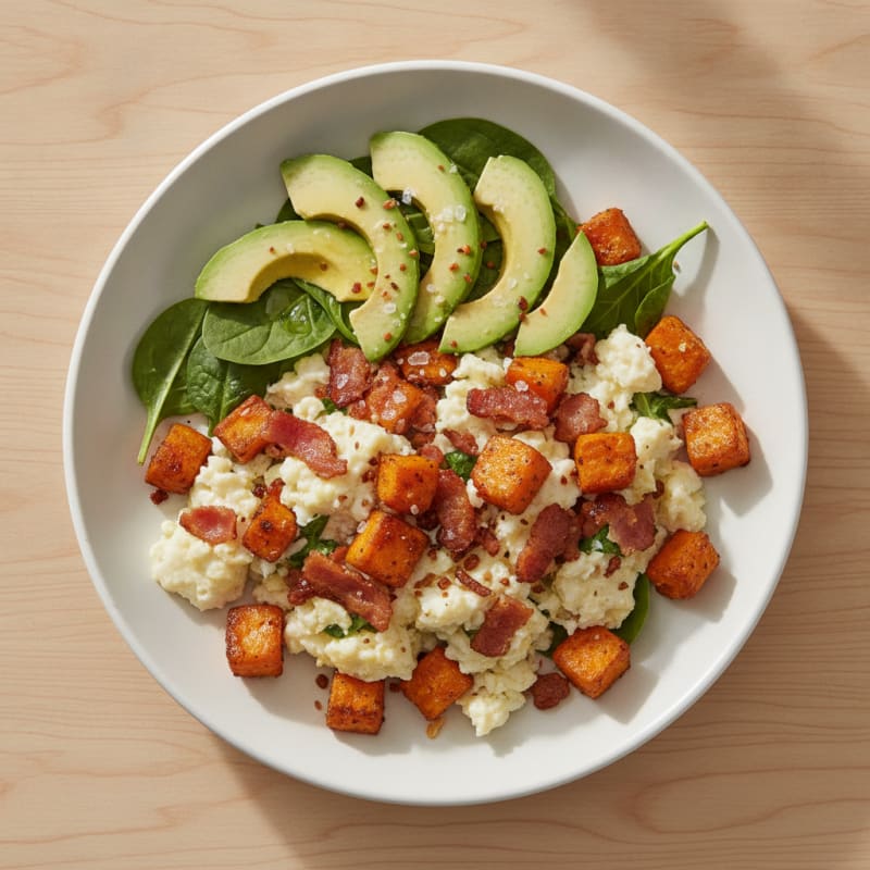 Crispy Turkey Bacon and Egg White Scramble with Roasted Sweet Potatoes