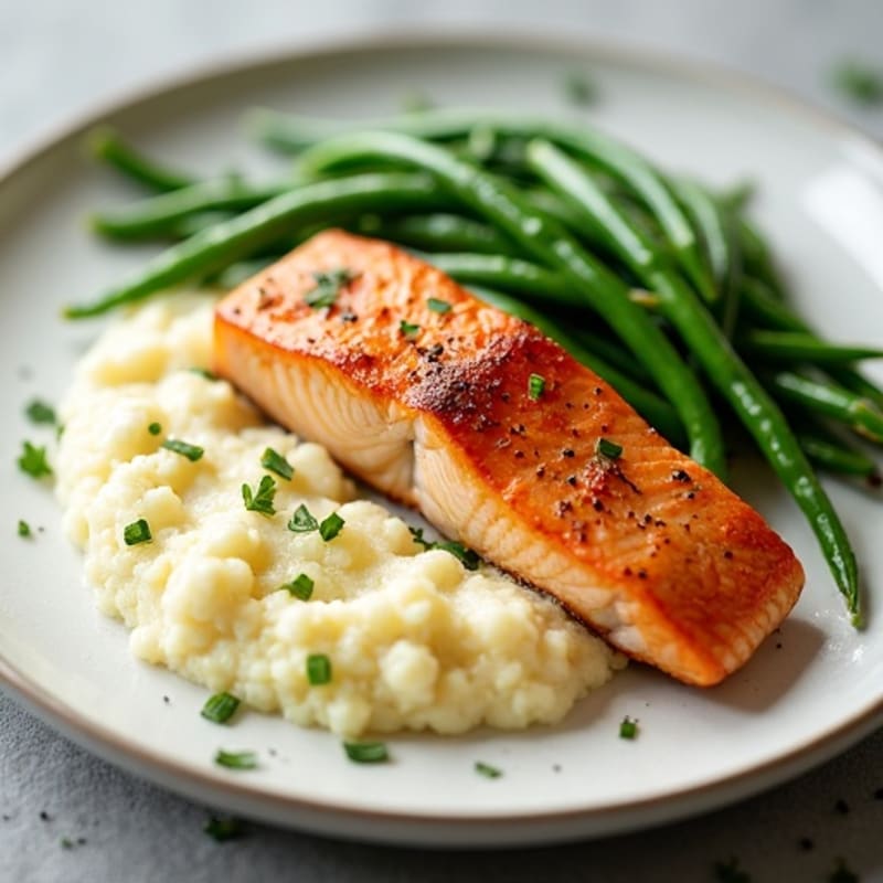 Seared Salmon Fillet with Steamed Green Beans and Cauliflower Mash