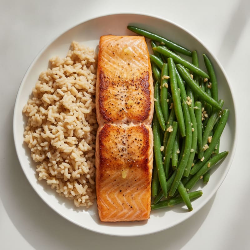 Seared Salmon Fillet with Garlic Green Beans and Brown Rice