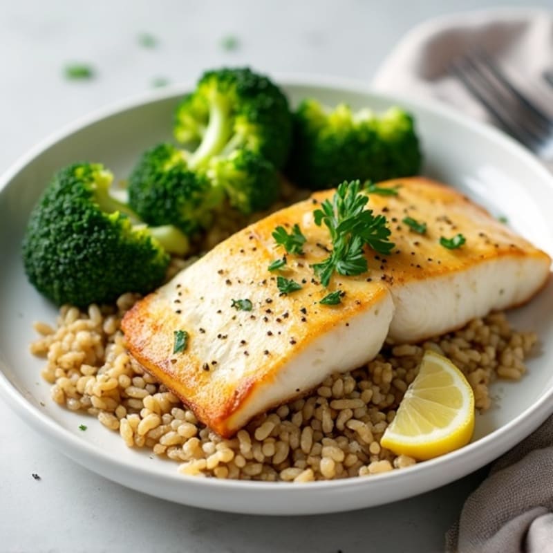 Pan-Seared White Fish with Steamed Broccoli and Herb Rice
