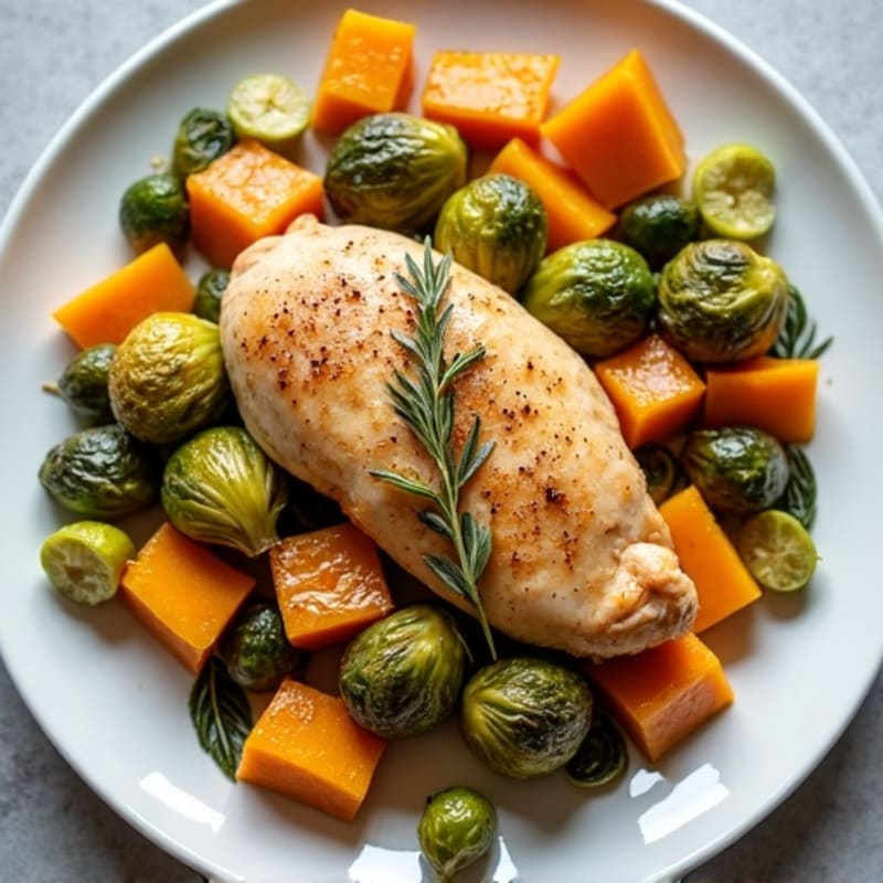 Roasted Butternut Squash and Chicken with Crispy Brussels Sprouts
