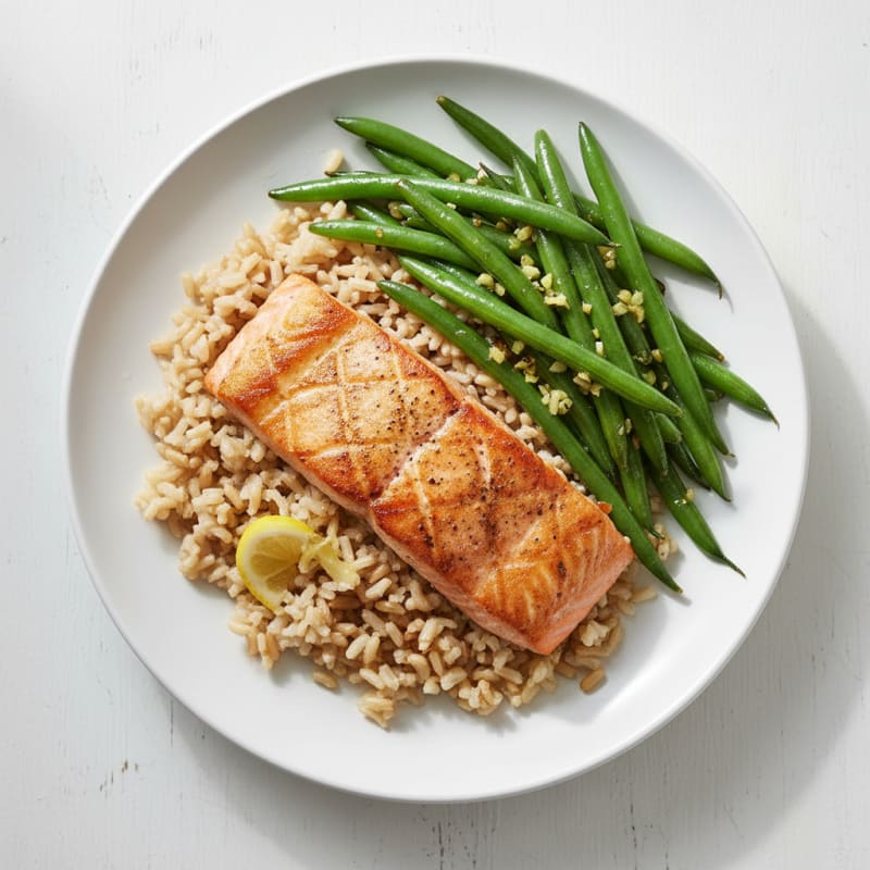 Seared Salmon Filet with Garlic Green Beans and Brown Rice