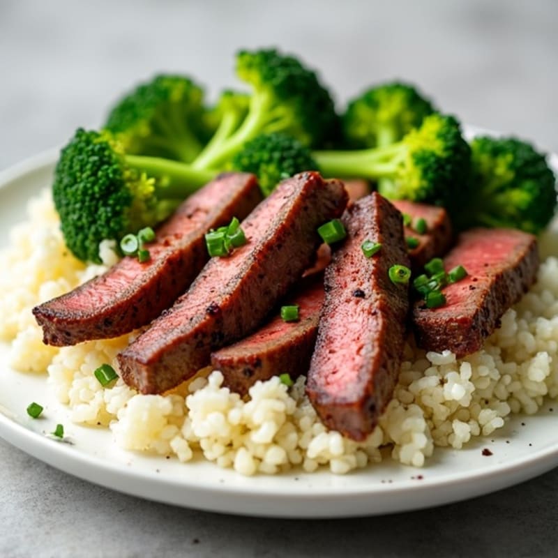 Seared Lean Beef Strips with Steamed Broccoli and Cauliflower Rice