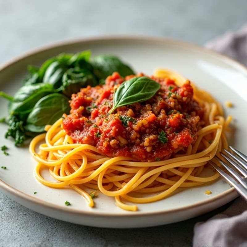 Lean Ground Turkey Spaghetti with Rich Tomato Sauce and Sautéed Greens