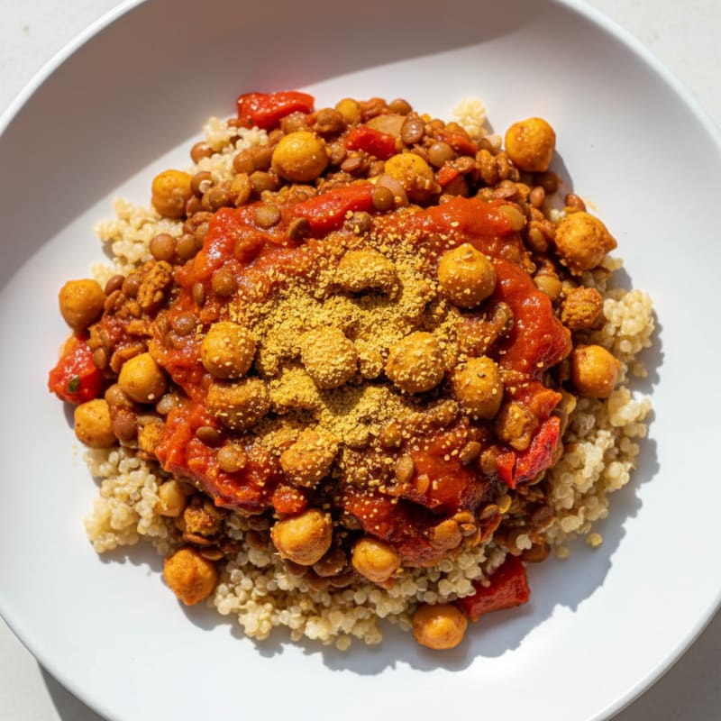 Chickpea and Lentil Stew with Quinoa and Roasted Red Pepper Sauce