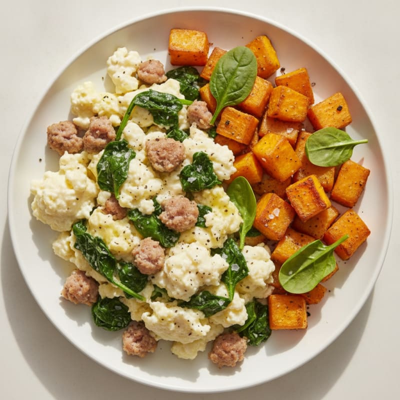 Egg White and Turkey Sausage Scramble with Spinach and Roasted Sweet Potatoes