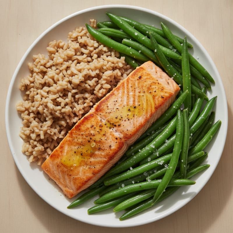 Seared Salmon with Steamed Green Beans and Brown Rice