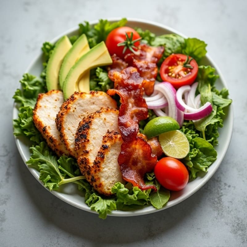 Crispy Turkey Bacon & Grilled Chicken BLT Salad with Creamy Avocado Dressing