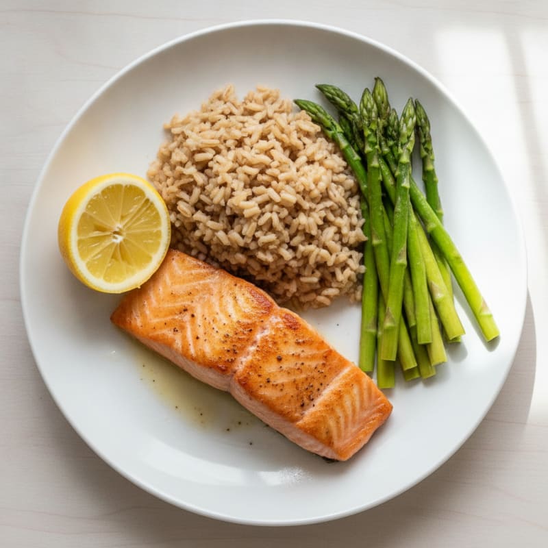 Seared Salmon Fillet with Steamed Asparagus and Brown Rice