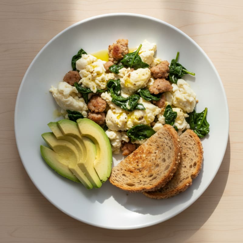 Egg White and Chicken Sausage Scramble with Spinach