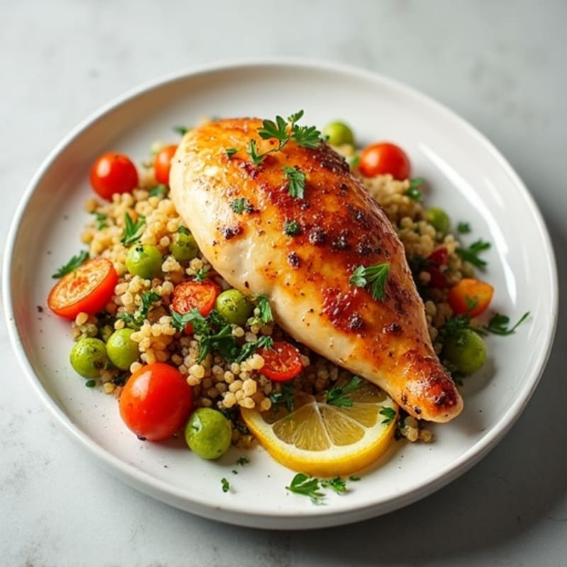 Crispy Lemon-Herb Roasted Chicken with Quinoa and Roasted Vegetables