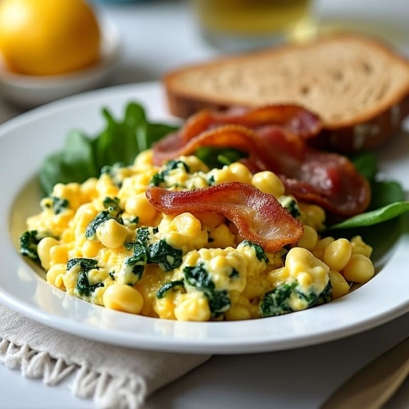Cottage Cheese and Spinach Egg White Scramble with Turkey Bacon