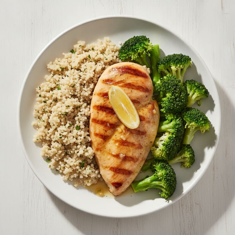 Grilled Lemon-Garlic Chicken Breast with Quinoa and Steamed Broccoli