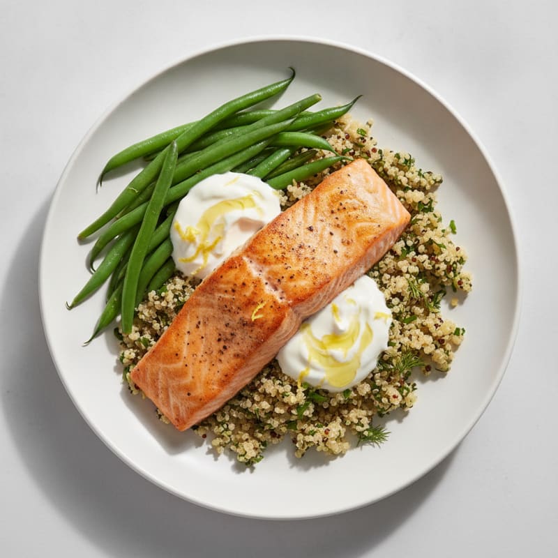 Seared Salmon with Steamed Green Beans and Herb Quinoa