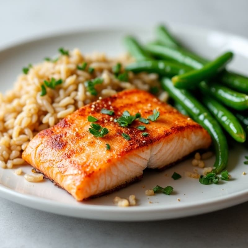 Seared Salmon with Garlic Green Beans and Brown Rice