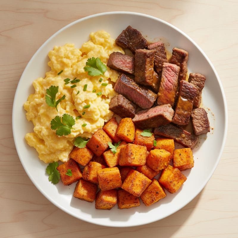 Scrambled Eggs with Seared Steak and Roasted Sweet Potato