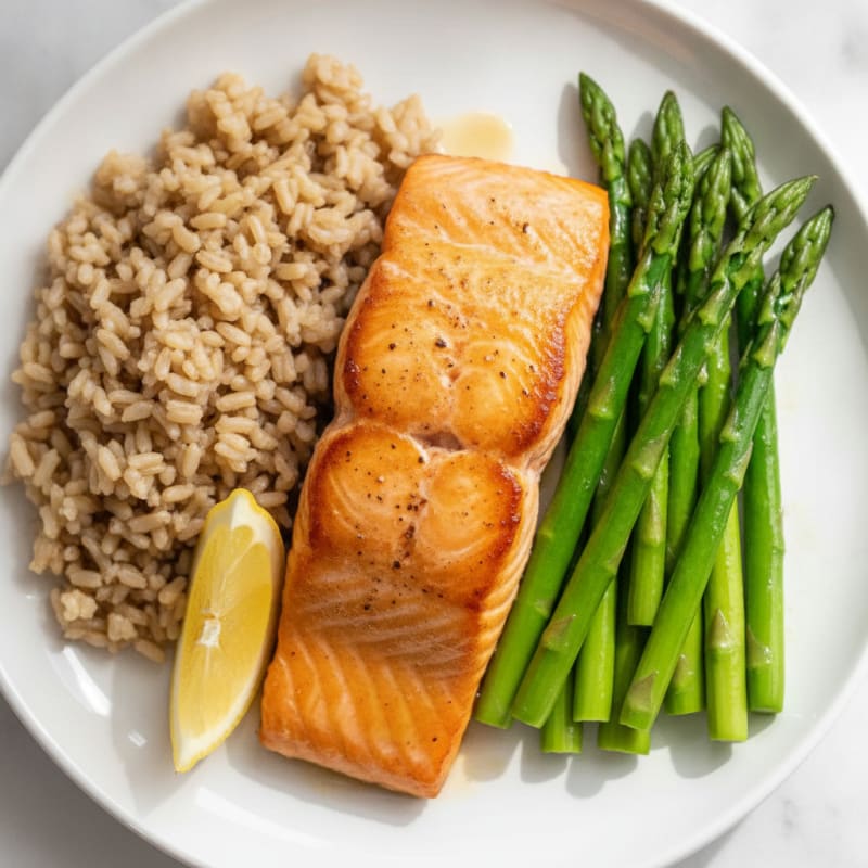 Seared Salmon Fillet with Steamed Asparagus and Brown Rice
