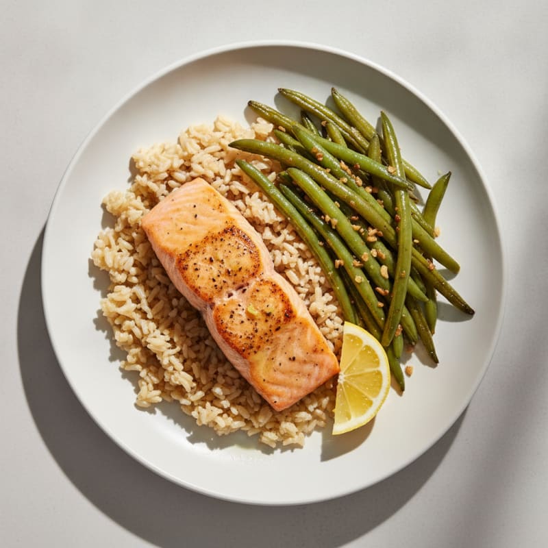 Seared Salmon Fillet with Garlic Green Beans and Brown Rice