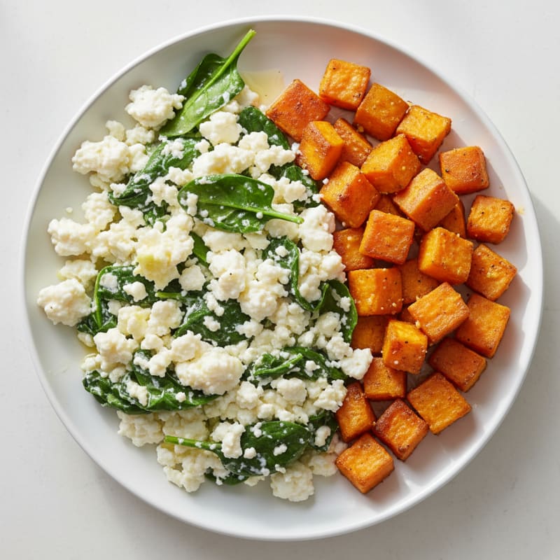 Cottage Cheese and Egg White Scramble with Spinach and Roasted Sweet Potato