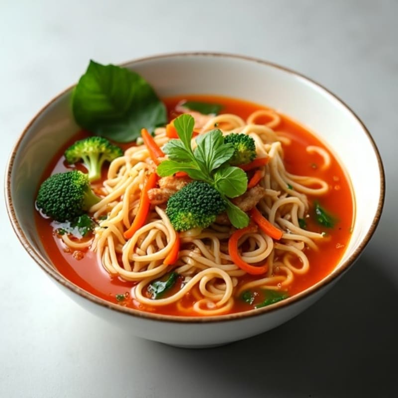 Spicy Sriracha Chicken and Fresh Vegetable Noodle Soup