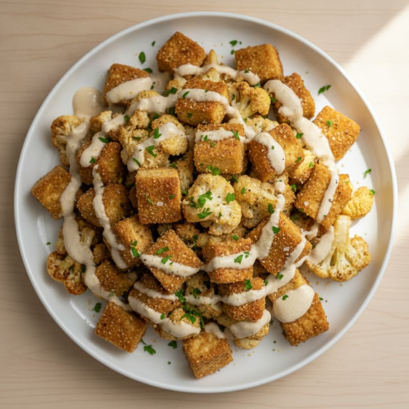 Roasted Tofu and Cauliflower with Tahini Sauce