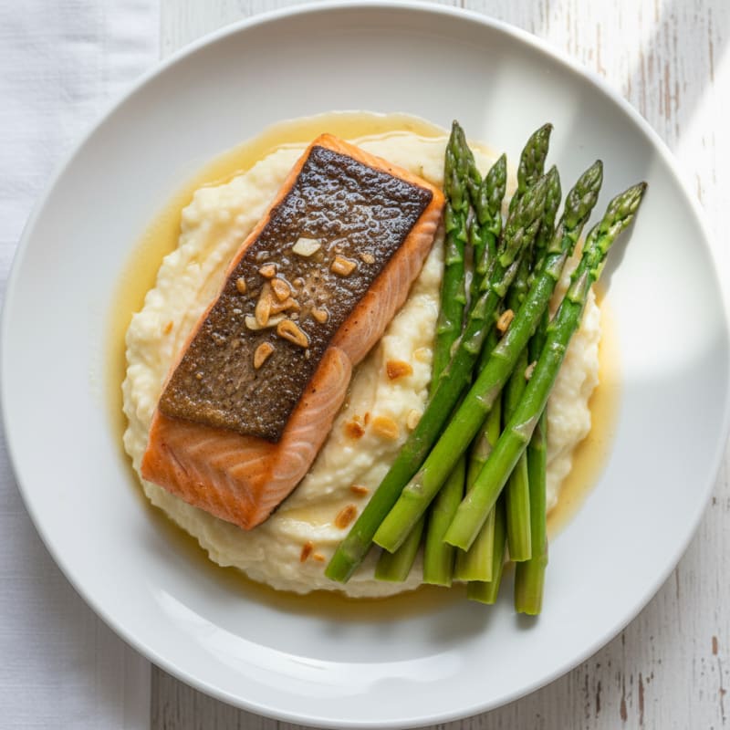 Seared Salmon with Steamed Asparagus and Garlic Cauliflower Mash