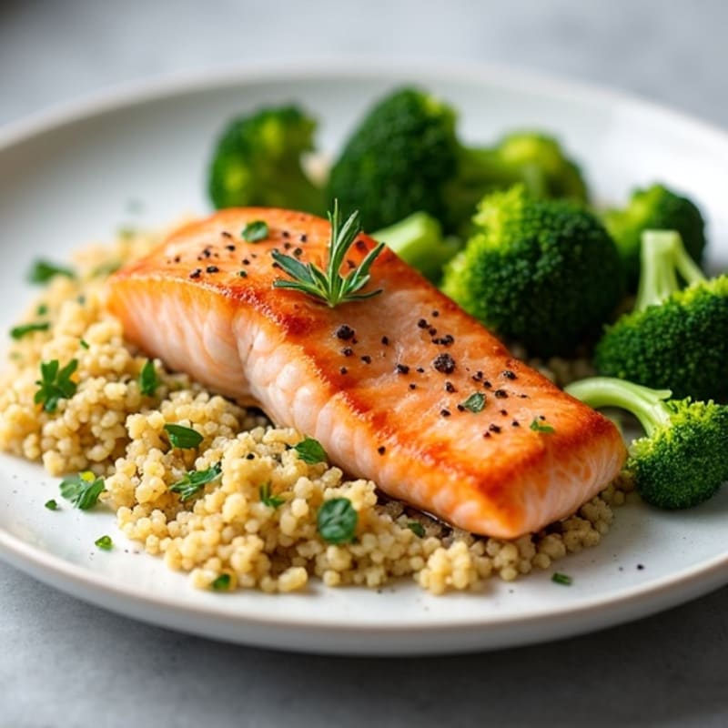 Seared Salmon with Roasted Broccoli and Quinoa
