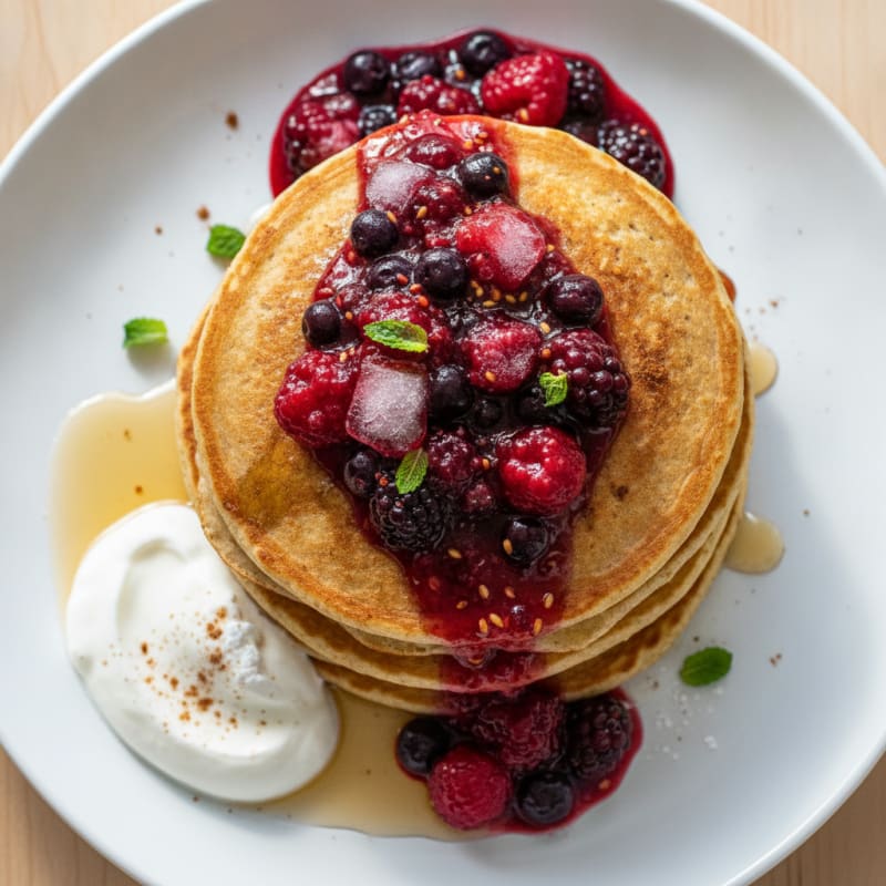 Fluffy Buttermilk-Style Protein Pancakes with Berry Compote