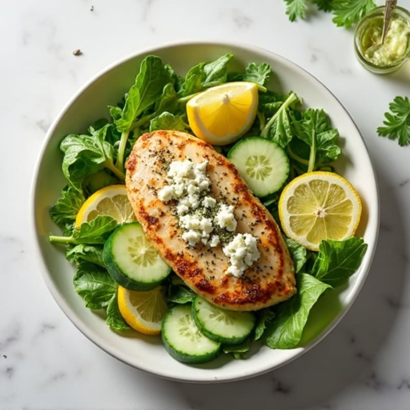 Lemon-Herb Chicken with Fresh Greens, Crunchy Cucumbers, and Creamy Feta