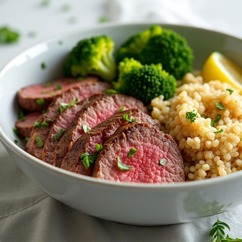 Grilled Beef Steak Bowl with Quinoa and Roasted Broccoli