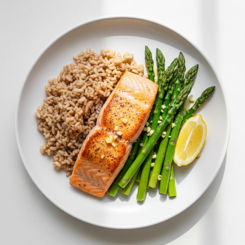 Seared Salmon with Steamed Asparagus and Brown Rice