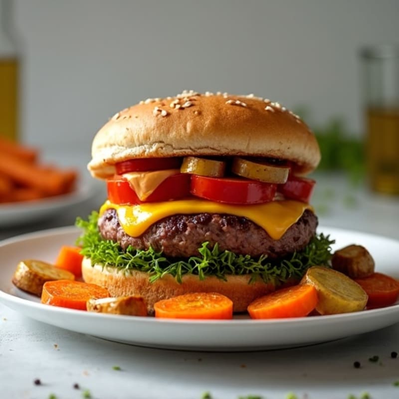 Juicy Lean Beef Burger with Crispy Roasted Root Vegetables
