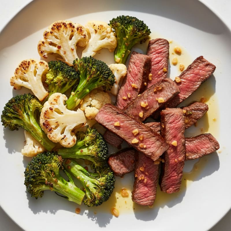 Seared Lean Beef Strips with Roasted Broccoli and Cauliflower
