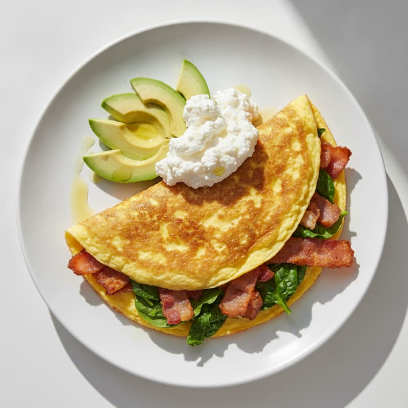 Crispy Turkey Bacon Omelette with Cottage Cheese and Spinach