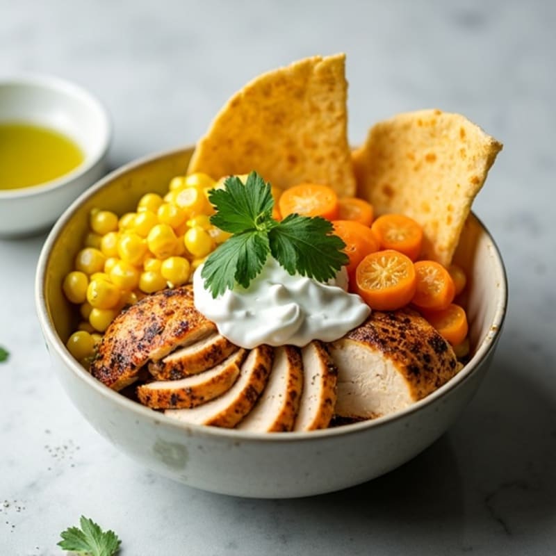 Pan-Seared Chicken and Corn Bowl with Creamy Yogurt Dressing and Crispy Tortilla