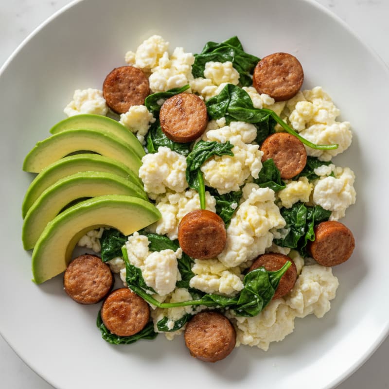 Egg White Scramble with Turkey Sausage and Sautéed Spinach